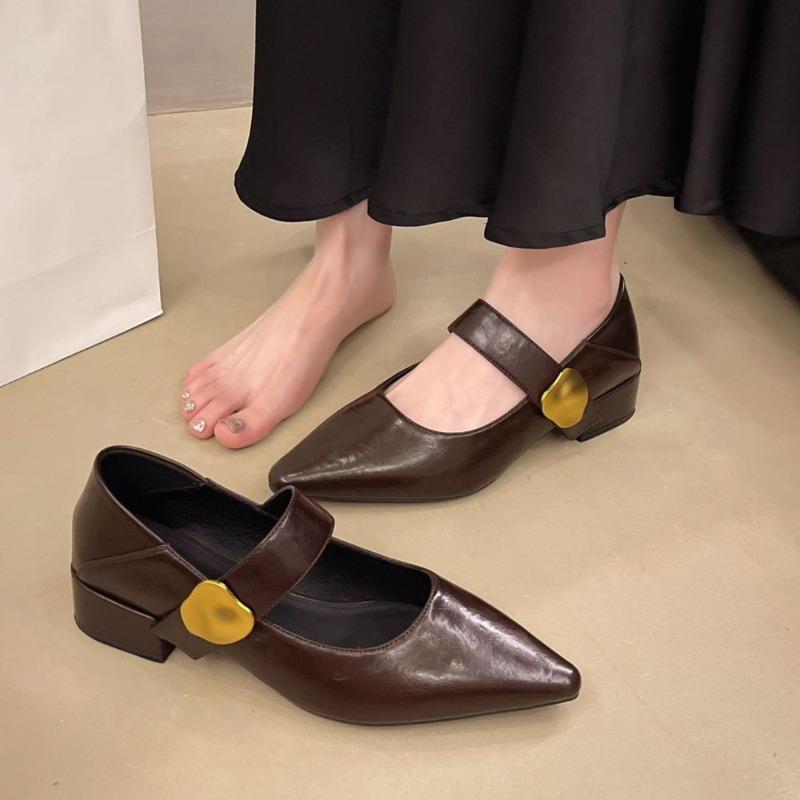 

Французский каблук-блок Одинарные туфли Женские Весна и Осень Новые Металлическая пряжка Острый носок Мелкий вырез Один ремешок Туфли Мэри Джейн 40 коричневый