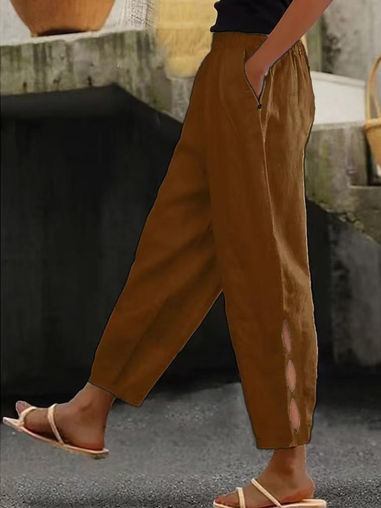 Spring Autumn New Women's Cotton Linen Solid Color Fashion Casual Daily Side Pocket Pants Hollow Button Long Pants