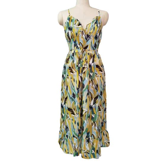 Summer Beach Dress V Neck Sleeveless Spaghetti Strap Shirring Backless Colorful Print Back Zipper Strappy Waist Vacation Sundress Holiday Slip Dress