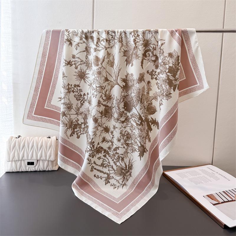 Fashion Imitation Silk Large Square Scarf Retro Flower Printing Professional Versatile Shawl Diagonal Silk Pattern Scarf Headscarf Women