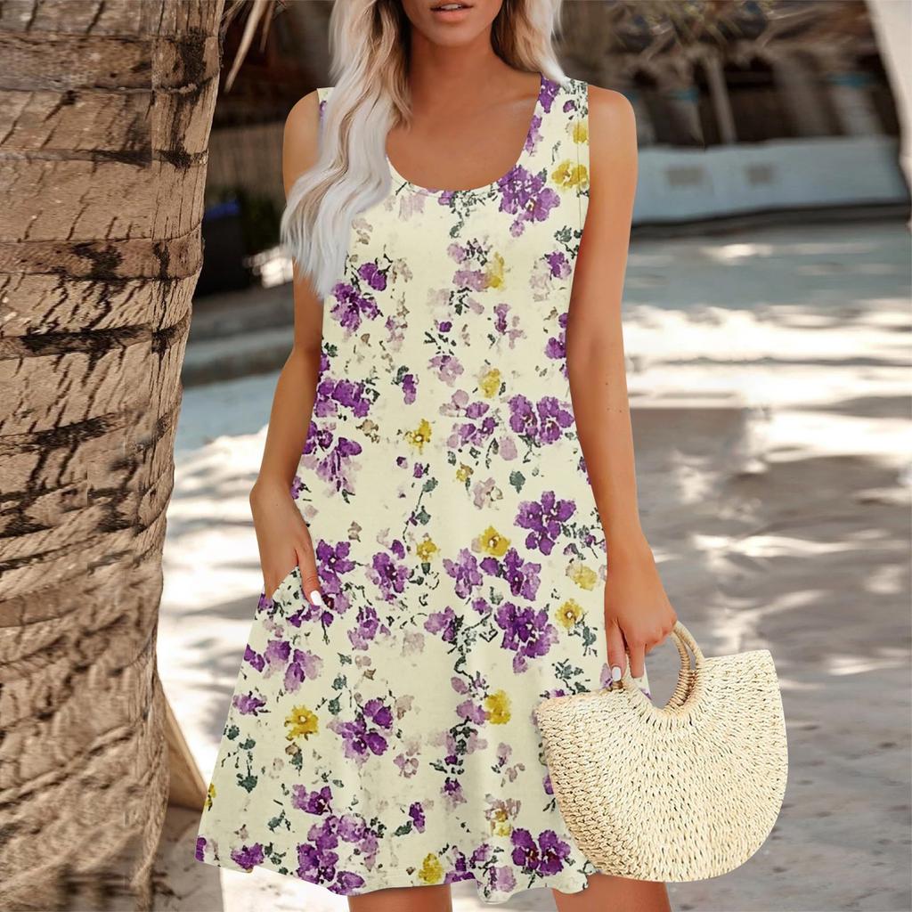 Women's Summer Floral High Waist Bohemian Dress Casual Hawaiian Flowing V Neck Holiday Dress