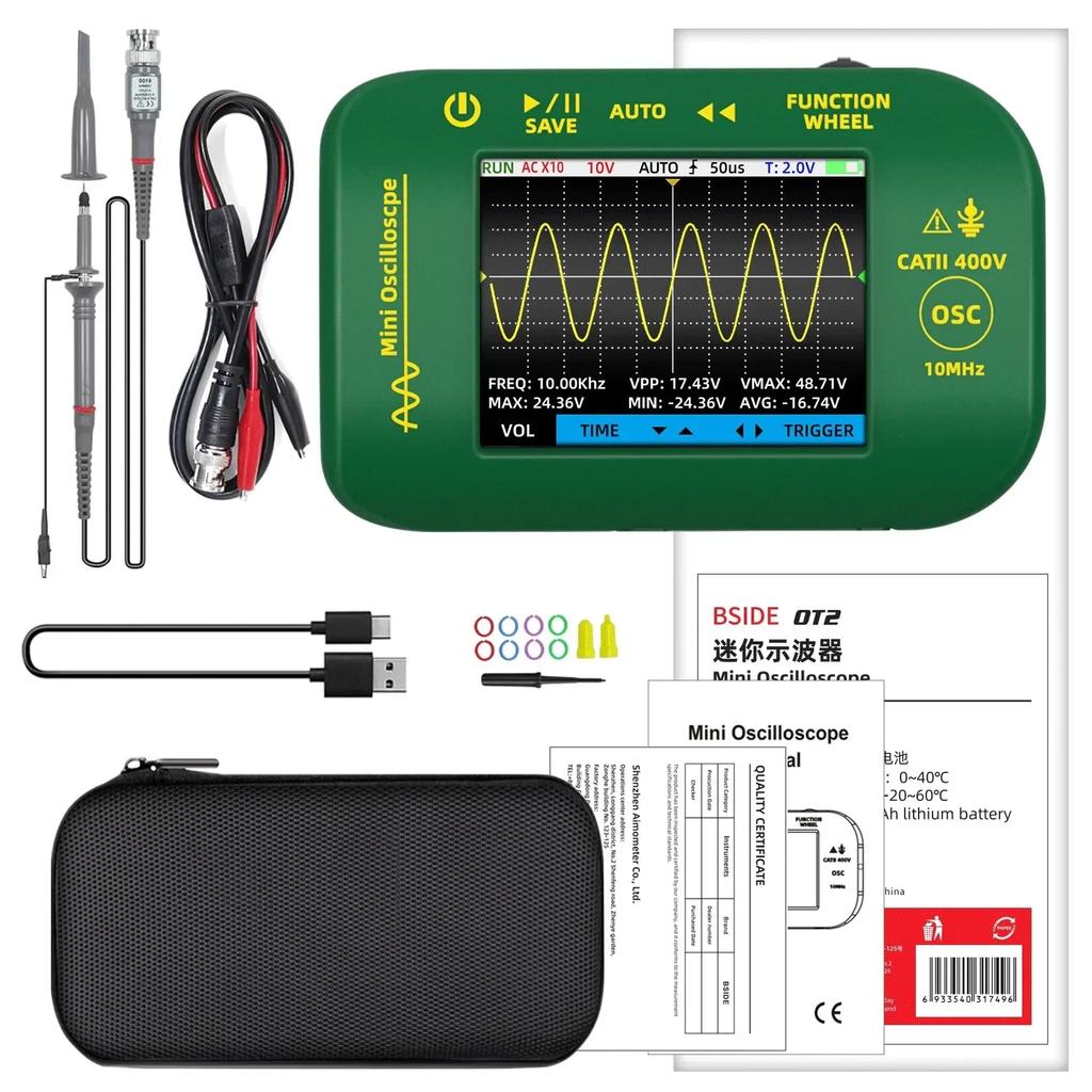 BSIDE OT2 Mini Digital Oscilloscope New Model 10MHZ Sampling 48MS/s Speed Large Screen PC Waveform Data Storage  Auto Tester
