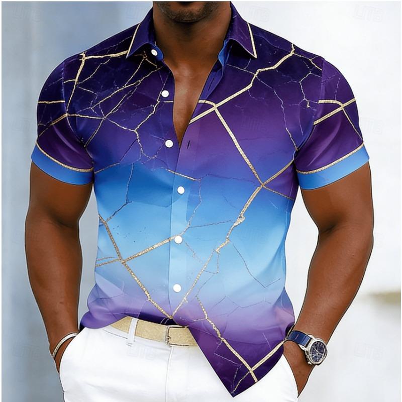 Men's Marble Geometric Line Print Short Sleeve Shirt, Spring Summer Luxury Casual Commute Blouse, Loose Casual Top