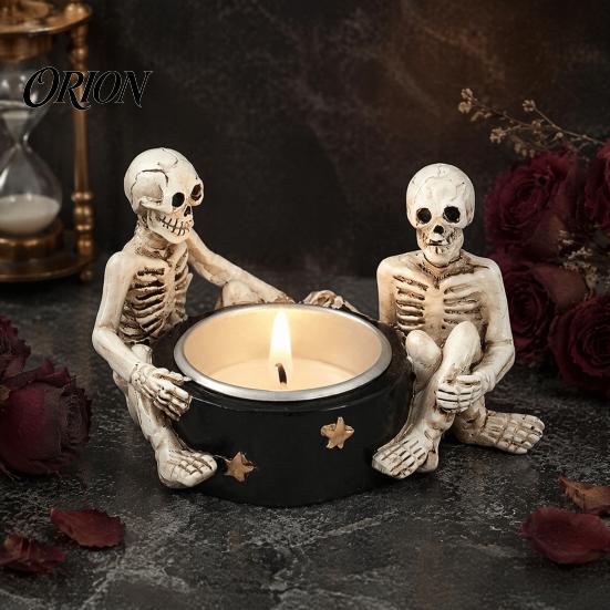 Handcrafted Resin Witch Figurine Halloween Skull Candle Holder, Spooky Star Cup Tealight Stand Candlestick Holder with Metal Heatproof Liner,