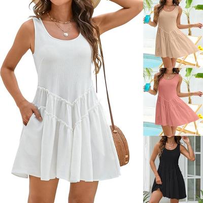 Women Summer Sleeveless Casual Solid Color Holiday Beach A Line One Piece Dress