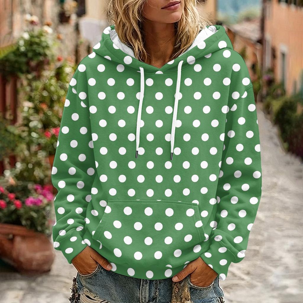 Women's Polka Dot Print Hooded Long Sleeve Sweatshirt with Pocket and Casual Top