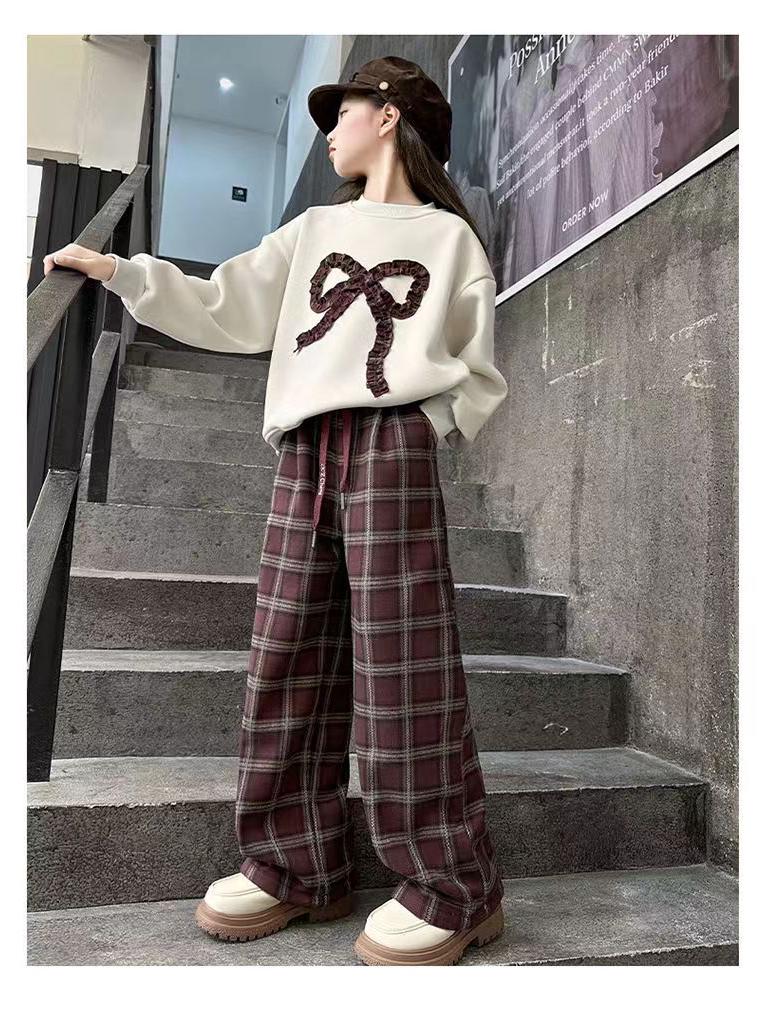 Girls' Fashionable Plaid Pants & Bow Sweatshirt Set - Autumn/Winter 2025