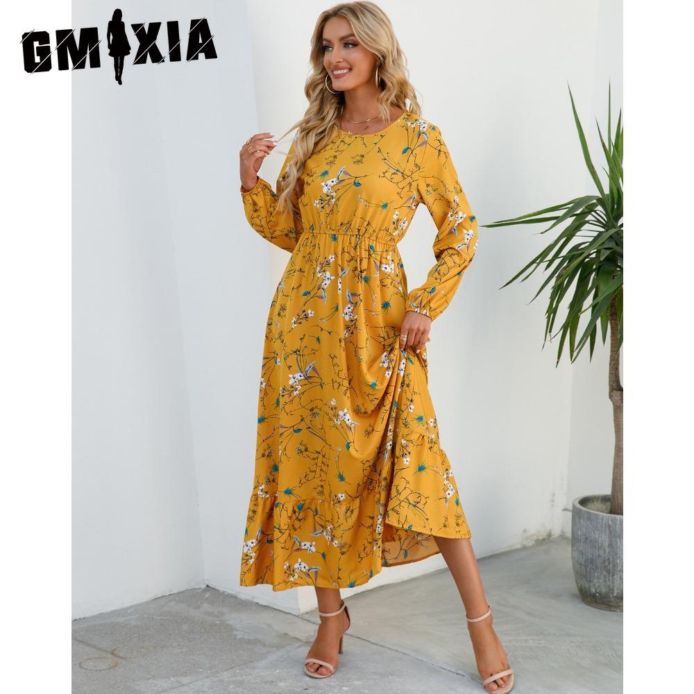 GMXIA Spring Summer Bohemian Women Maxi Dress Casual Long Sleeve High Waist Beach Dress Women Floral Chiffon Dresses Vestidoes Mujer New