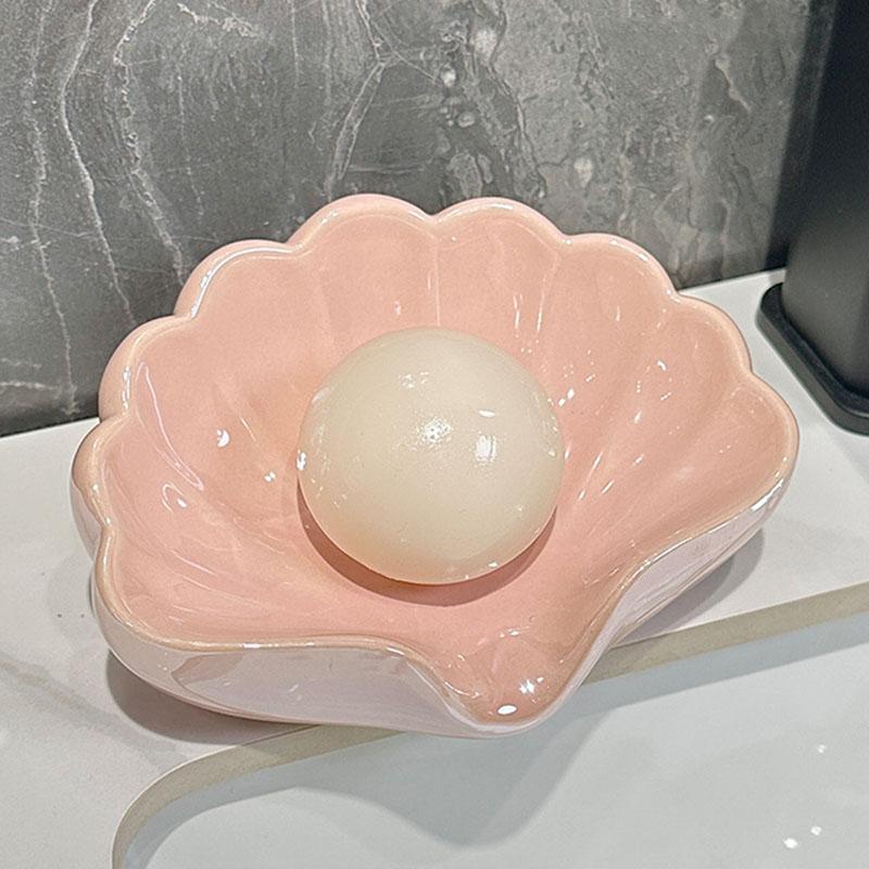 Shell Shaped Ceramic Soap Dish - No Drilling Required Drain Rack, Pearl Glaze Bathroom Countertop/Sink Decoration - Jewelry Tray