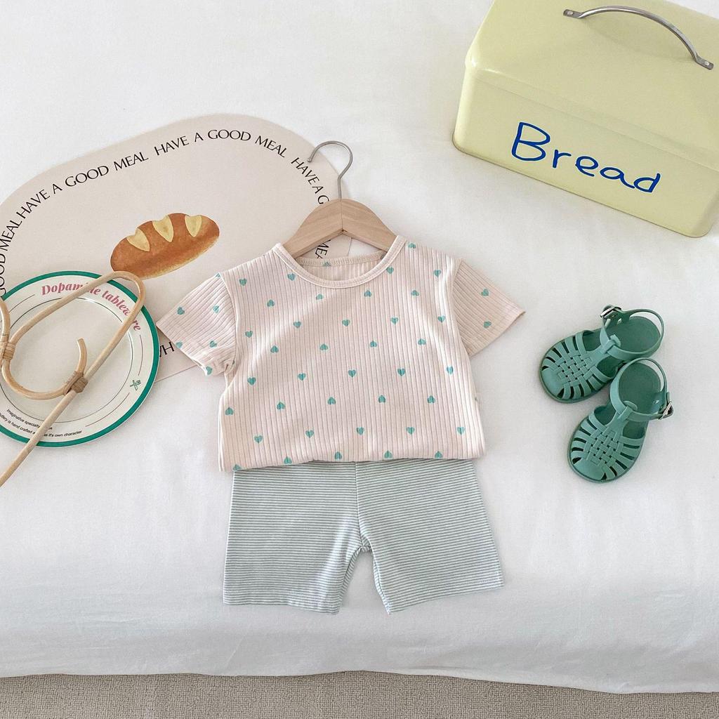Short-Sleeve Heart T-Shirt & Striped Shorts Set