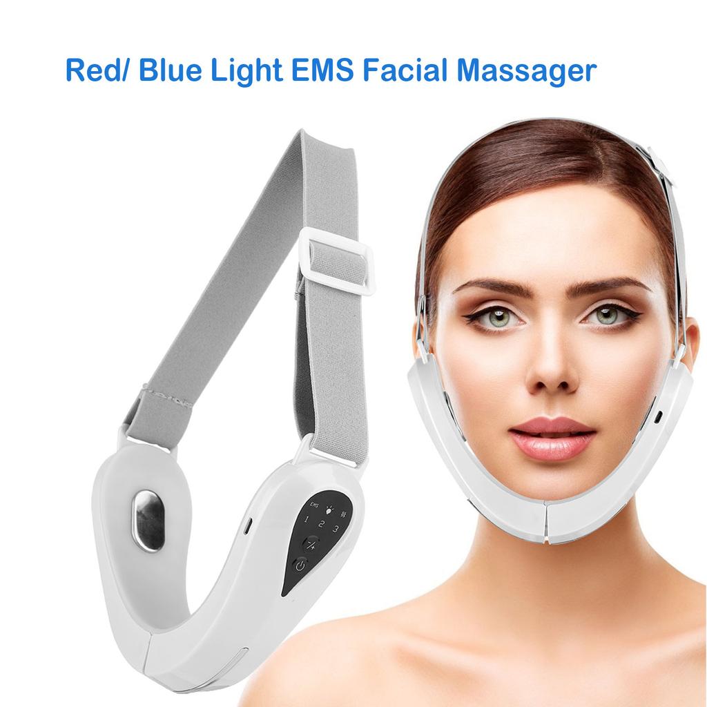 Ansiktsmassagerare V-Line Lyftbälte Haka EMS-maskin Rött / Blått Ljus LED Ansiktsbantning Vibration för Dubbelhaka Ansiktslyftning