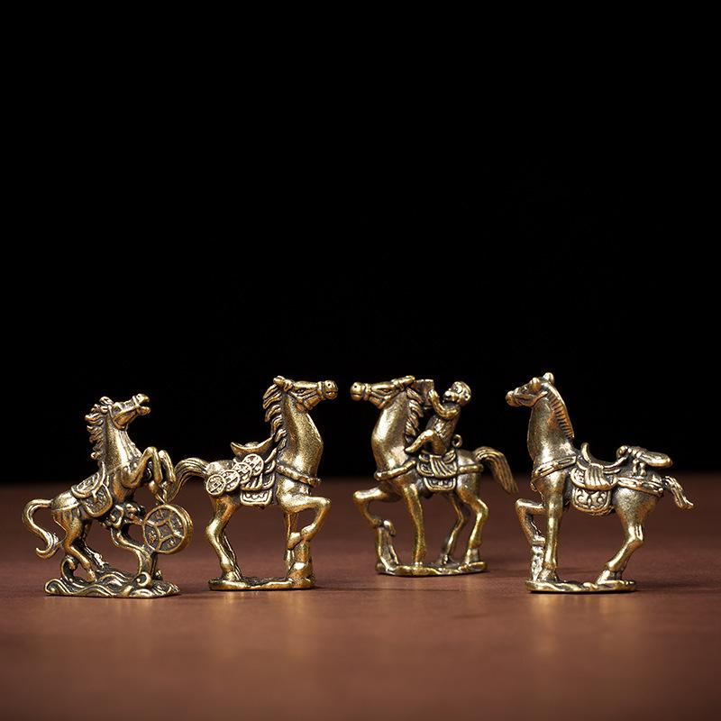 Antique Brass Solid Long Tail Horse Figurine Miniature Ornament Copper Zodiac Animal Mini Office Desktop Decoration Craft