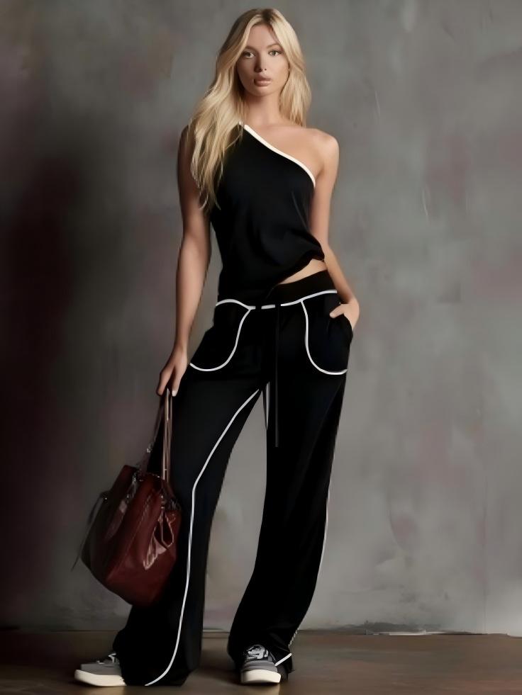 

2026 Summer Women s Wide-Leg Pants & One-Shoulder Top Two-Piece Set 3XL чорний