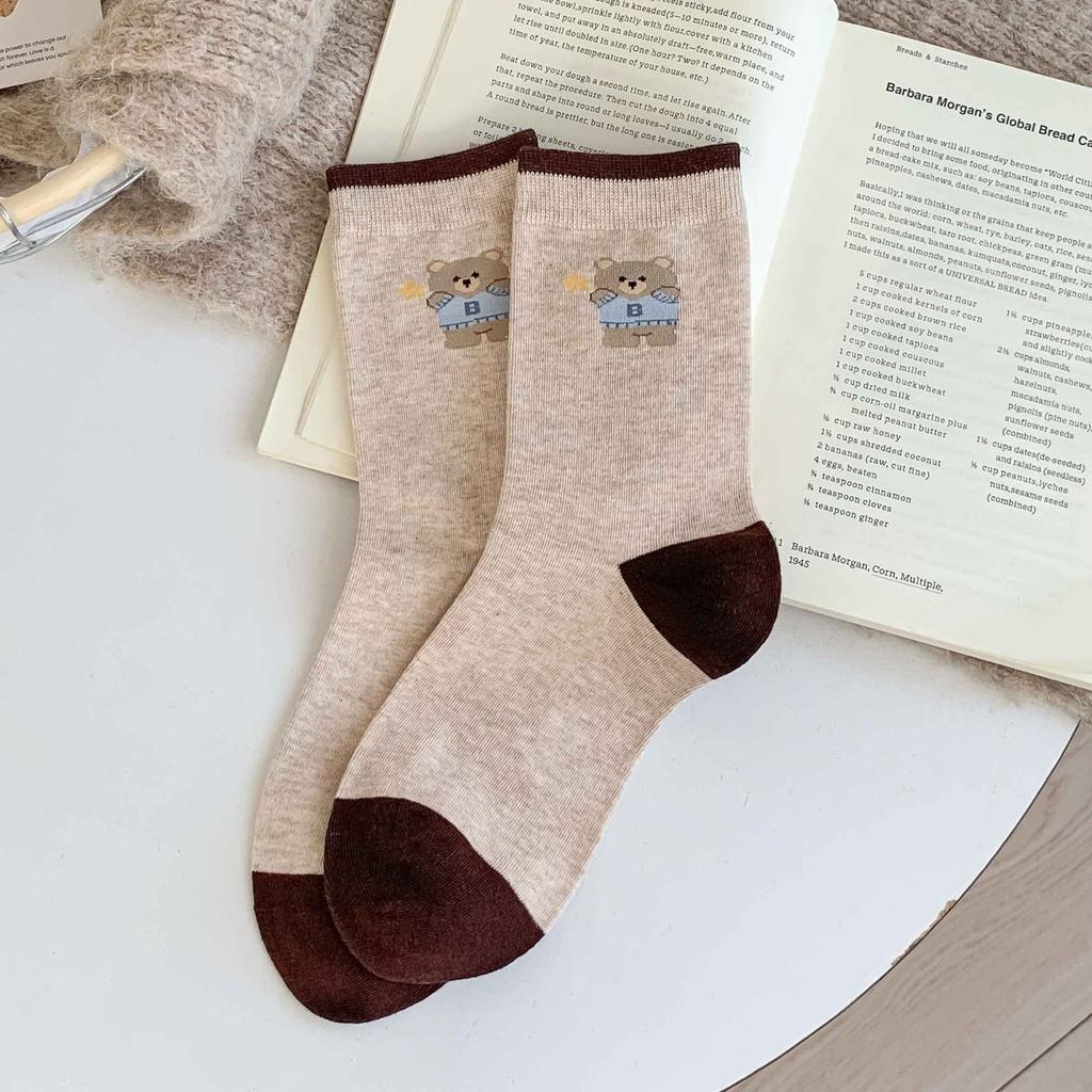 Polka Dot Striped Cartoon Bear Cloth Label Socks Internet Celebrity Maillard Coffee Color Double Mouth Contrasting Color Medium Tube Stacking Socks