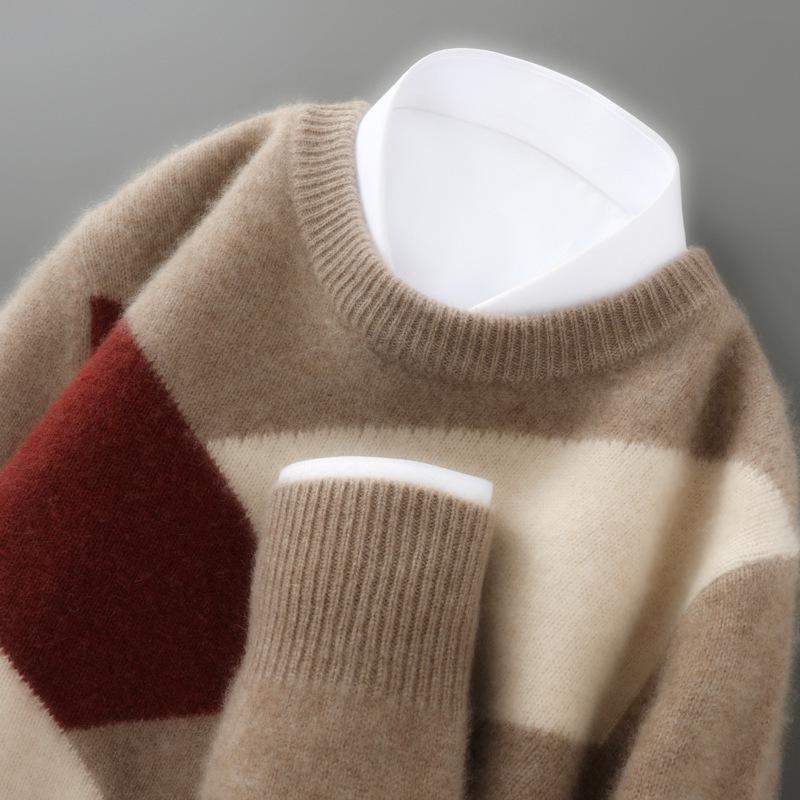 

Чоловічий светр 100% чиста вовна, колірний блок, кашемір - Круглий виріз, Осінь/Зима, Вільний, Повсякденний/Діловий XL