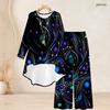 Women Plus Size Black Round Neck Long Sleeve Star Printed High Low Top Wide Leg Pants Two Piece Set