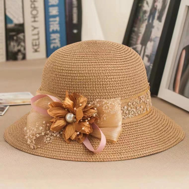 WTEMPO Women Travel Beach Breathable Lace Ribbon Flower Sun Hats Wide Brim Solid Color Spring Summer Foldable Sunscreen Hats