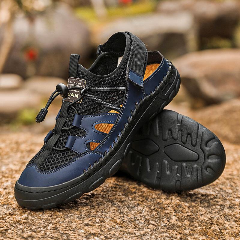 

Hand-stitched men s shoes outdoor casual shoes buckle flat-soled leather shoes summer low-top large-size cross-breathable mesh shoes men 46 синий
