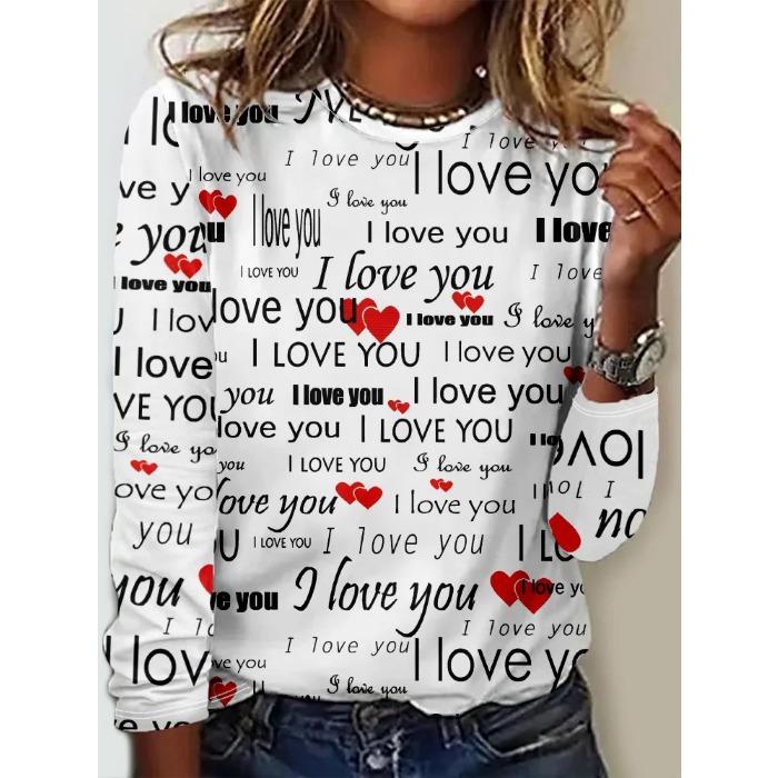 Rundhals 3D-bedrucktes Liebesmuster Top Modische Lässige Langarm Damen T-Shirts