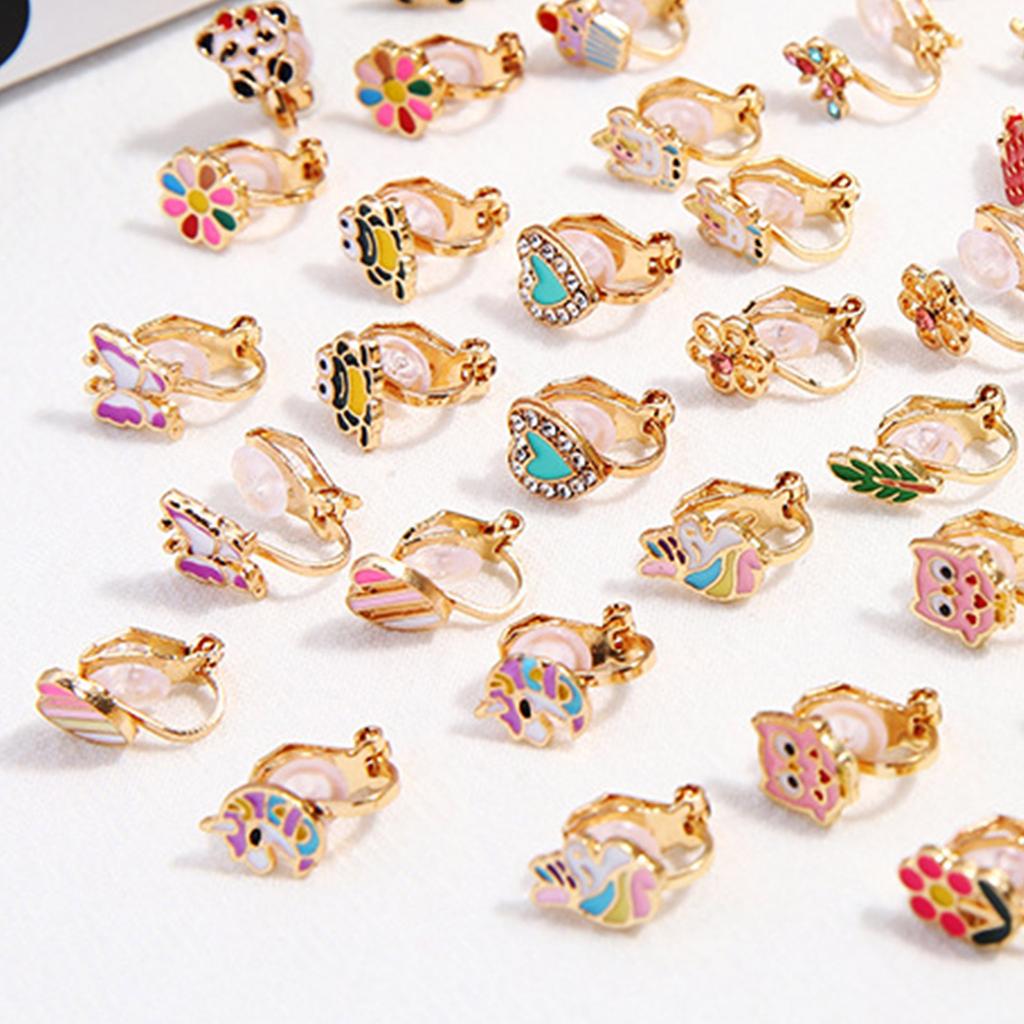 24 Pairs Mixed Color Clip-on Earrings Suitable for Non-perforated Ears Lovely Animals Flowers Heart Fruit Earrings Set