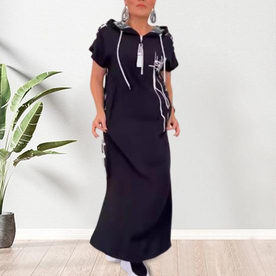 Summer Maxi Dress Zippered Hooded Drawstring Short Sleeves Loose Spit Hem Printed Patchwork