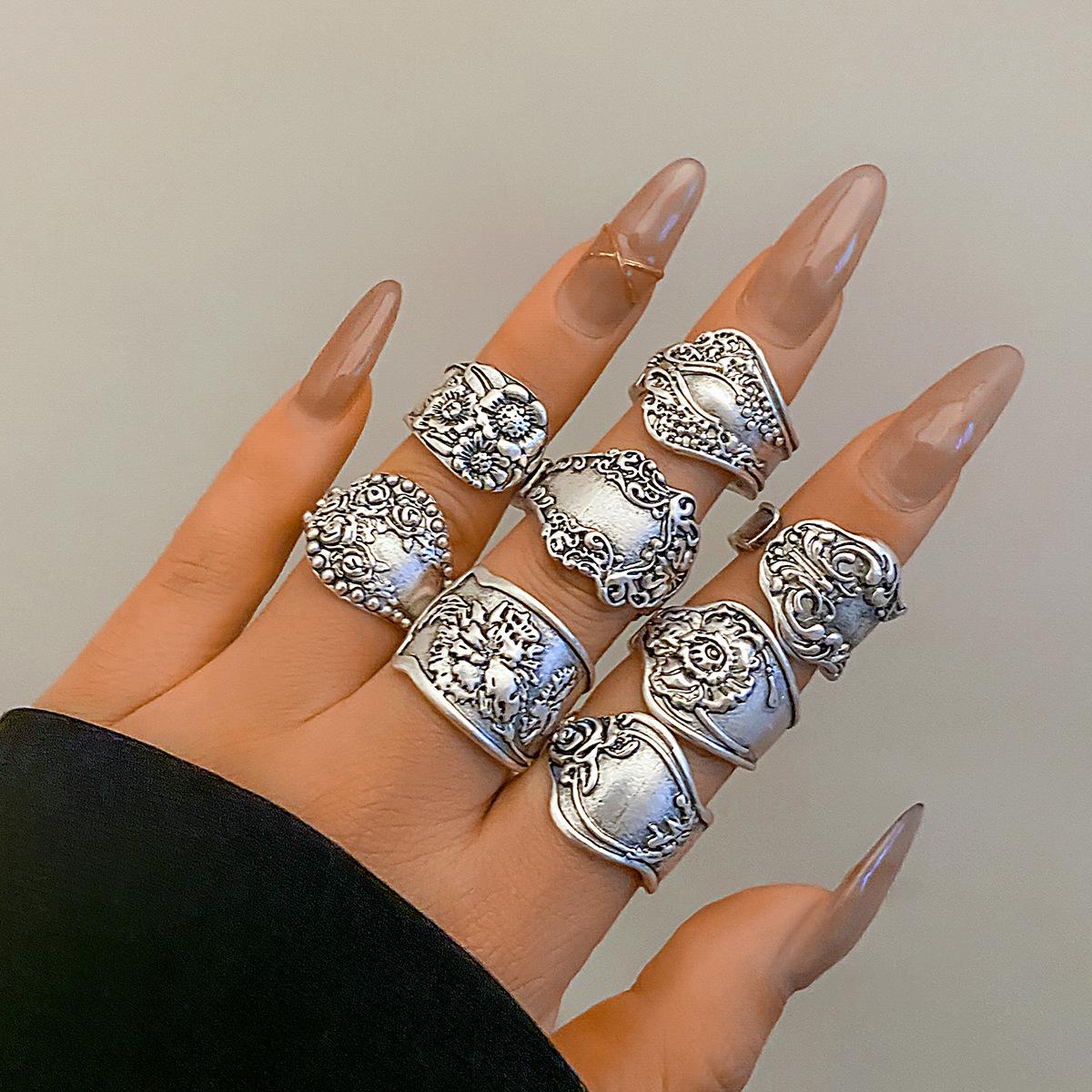

Винтажный винтажный набор колец с цветочным узором, с шарнирным кольцом и открытым кольцом в стиле панк с преувеличенным дизайном