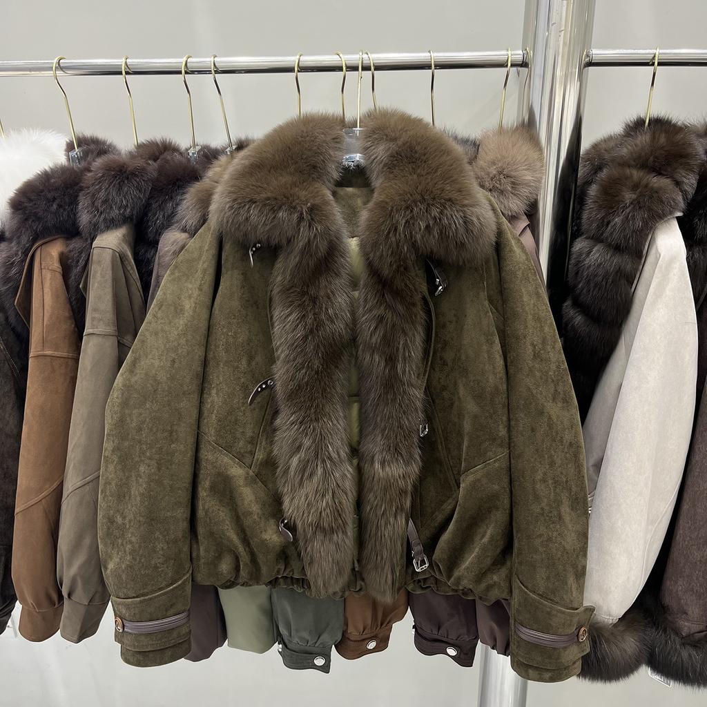 Winter new natural big fox fur collar suede down jacket women's short thickened warm pie overcome coat