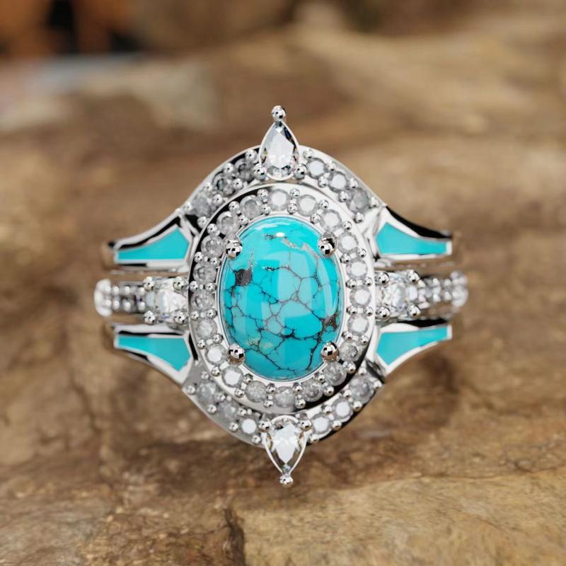 Bohemia European and American Retro Inlaid Imitation Turquoise Ring Set for Women Fashionable Ethnic Style Wedding Zircon