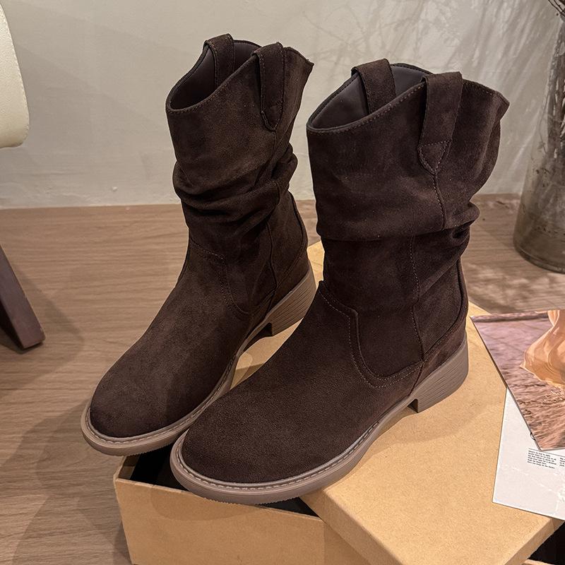 Retro Pleated Pile Boots Women's Thick Heel Short Boots 2025 New Autumn Martin Thin Boots V-mouth Thin Knight Boots