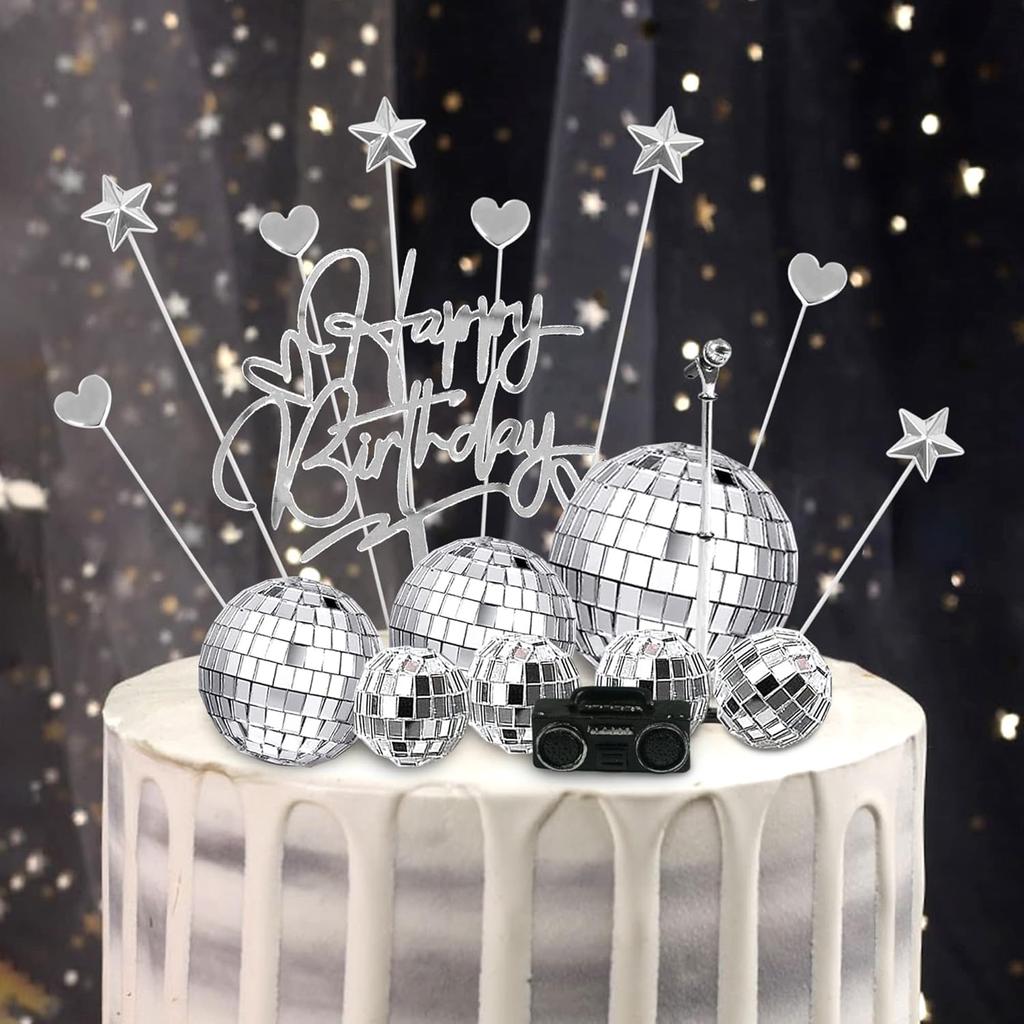 23PCS Disco Ball Cake Toppers with DJ Bling Silver Mirror Balls and Mini Microphone Radio Decor for 70s Dance Party Supplies