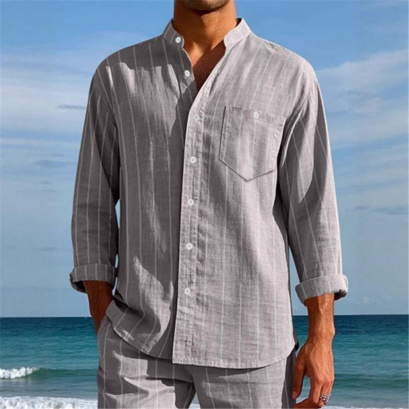 Summer Men's Linen Casual Shirts Fashion Striped Stand Collar Breathable Long Sleeve Casual Shirt Men