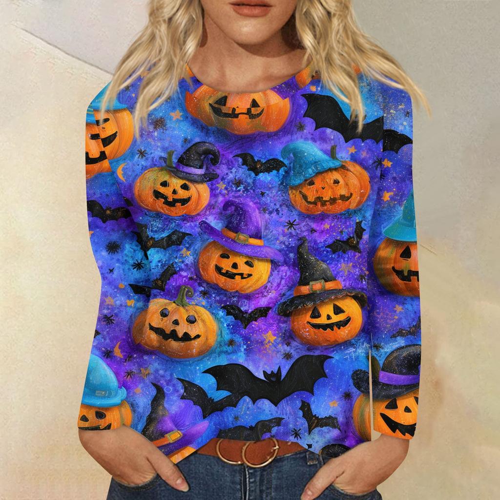 Women's Fashion Casual Long Sleeve Halloween Print Round Neck Top
