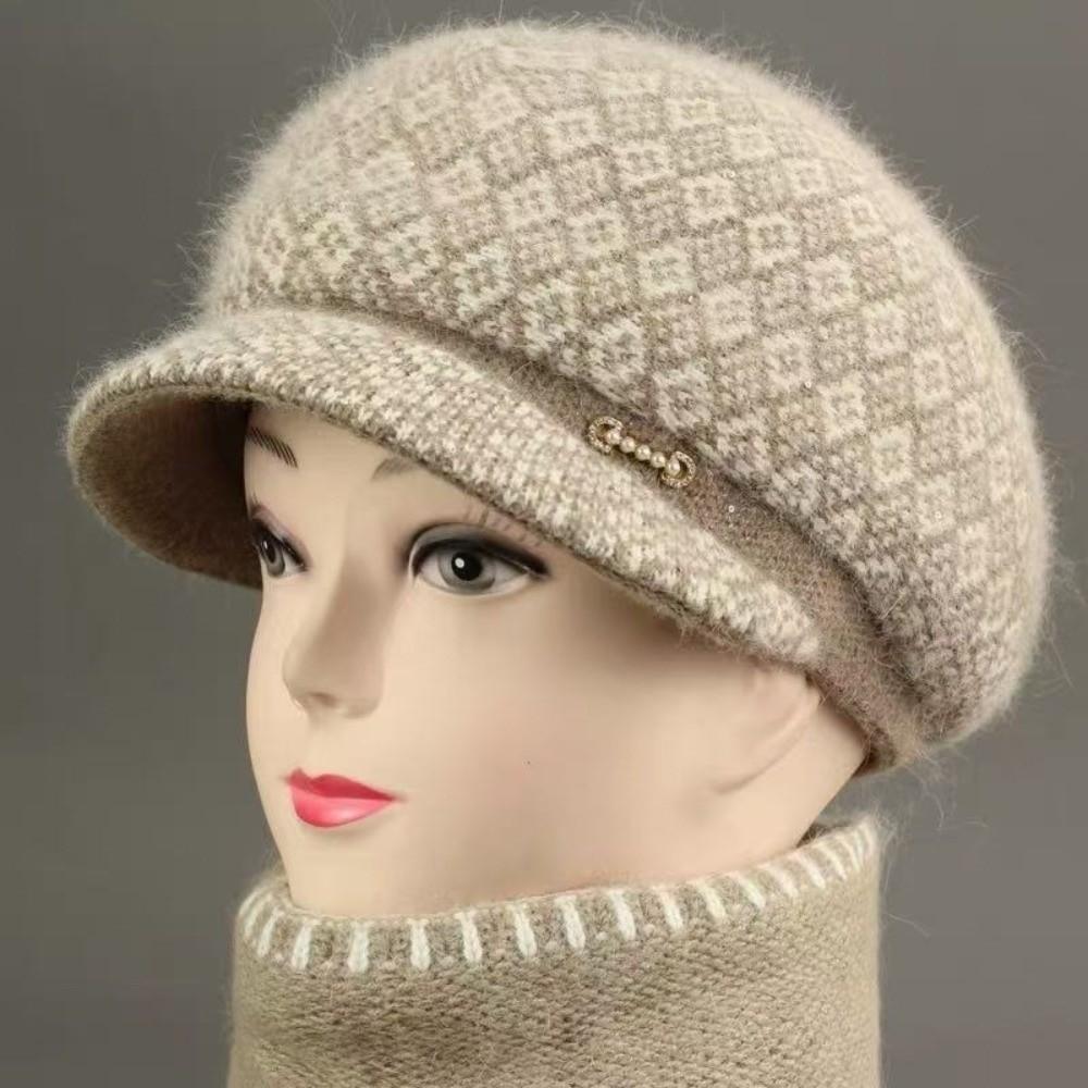 Short Brim Design Winter Brimmed Hat Fleece Lined Beanie Senior Women Daily Wear