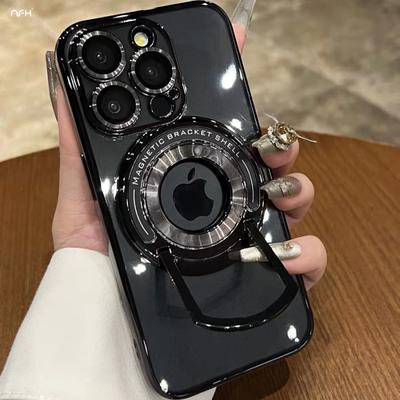 For iPhone 16 Pro Max Luxury Magsafe Magnetic Stand Plating Frame Phone Case For iPhone 11 12 13 14 15Plus Lens Protective Cover