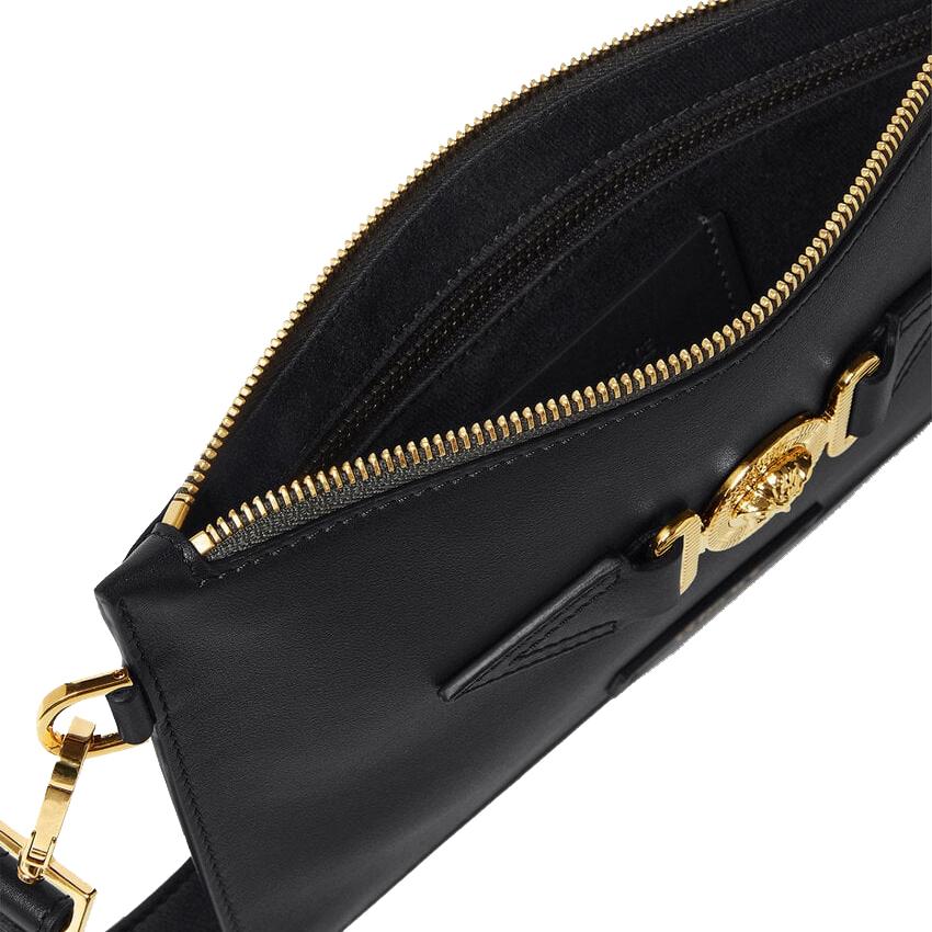 Versace Medusa Biggie Series Detachable Strap Zipper Closure Leather Clutch Small Men Clutch Black Gold 1006240-1A03190-1B00V