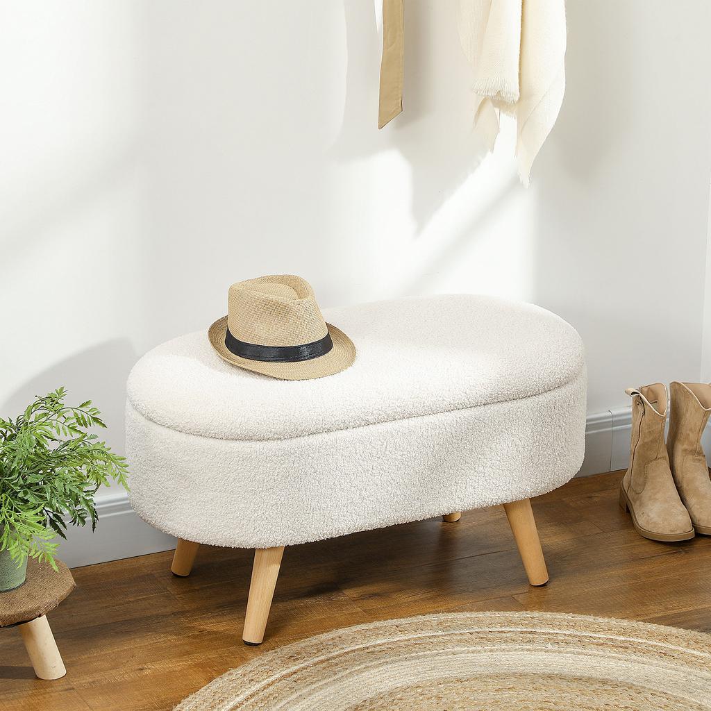 Storage Bench, Plush Padded Bed End with Lid and Wooden Legs, 82 x 41 x 45 cm, White