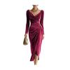 Women's Long Sleeve Velvet Evening Party Dress Cowl Neck Ruched Slit Bodycon Dress Midi Wedding Guest Dress