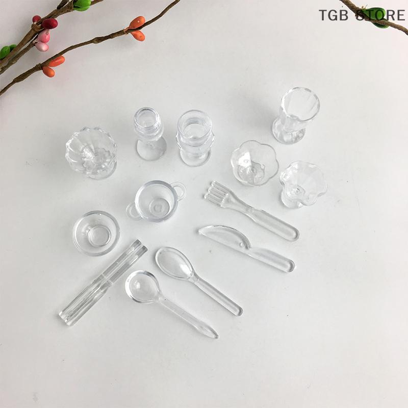 13Pcs/Set Mini Plastic Transparent Drink Cups Dish Plate Tableware Miniatures Kitchenware Toy  DIY Pretend Play Toy