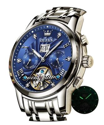 OLEVS Popolare Orologio Automatico Blu Scheletrato Cool Elegante Orologio da Polso Luminoso Calendario Data Impermeabile Blu da Uomo