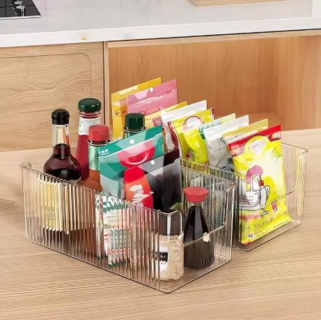 Clear Acrylic Kitchen Organizer Bin with Detachable Dividers Ribbed Pantry Storage Basket for Spices Snacks Cabinet