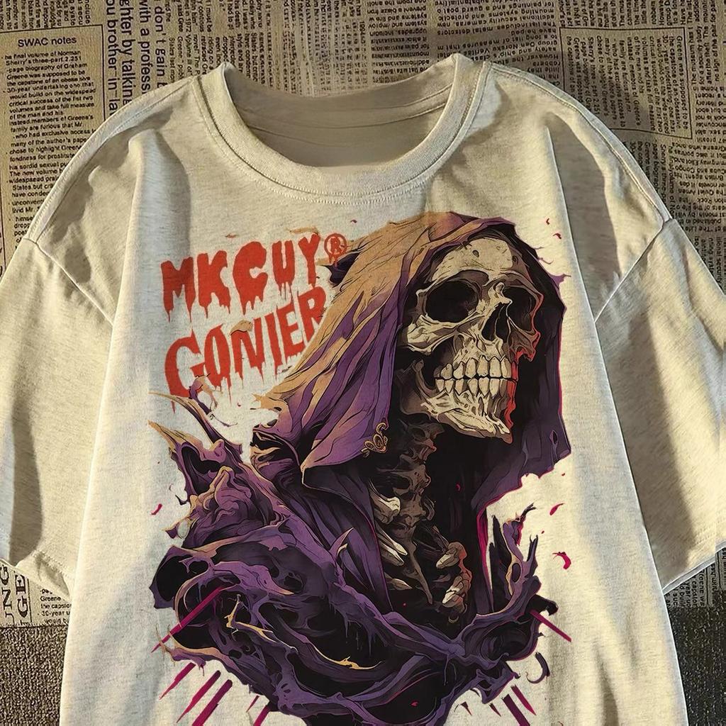 2025 New Skull Print Cotton Short-sleeved T-shirt Summer Street Style Large Size Ruffian Handsome Trend Half-sleeved Top Men