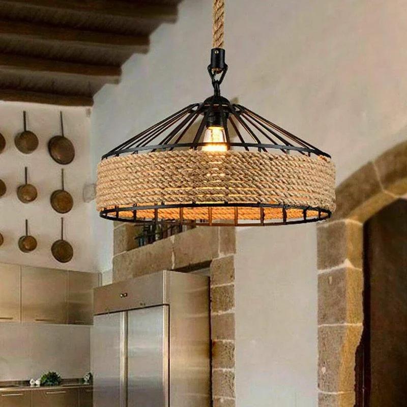 

Nordic Vintage Pendant Light Industrial Twine Attic Kitchen Bar Dining Room Decor Chandelier Adjustable Wire Lighting Fixture No Bulb