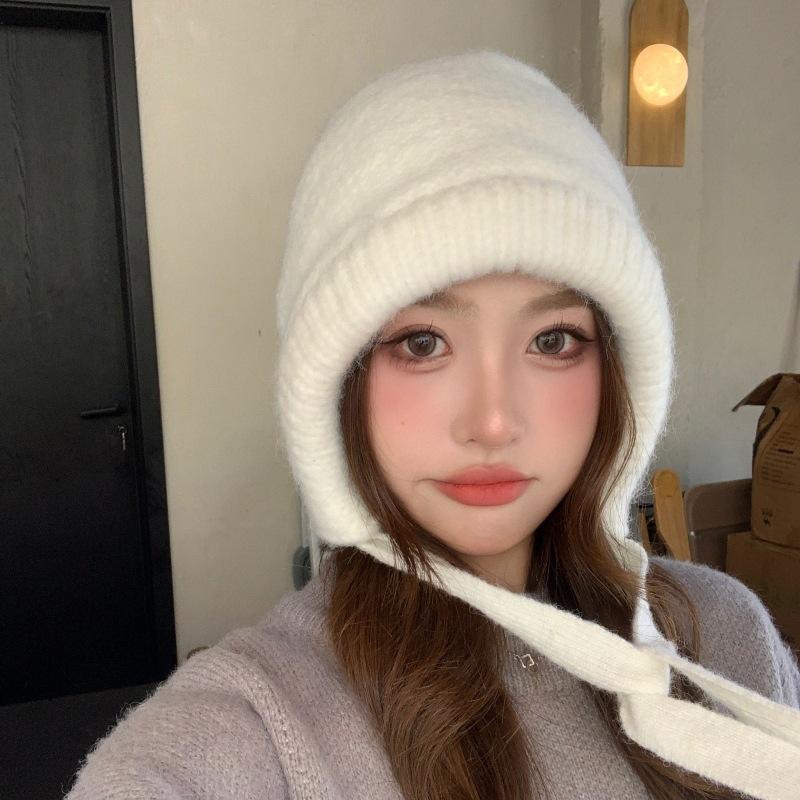 

Лицо маленькая шерстяная шапка-пуловер на шнуровке для улицы защита от ветра и снега защита ушей вязаная шапка бархатная шапка для защиты от холода на Северо-Востоке one size fits all