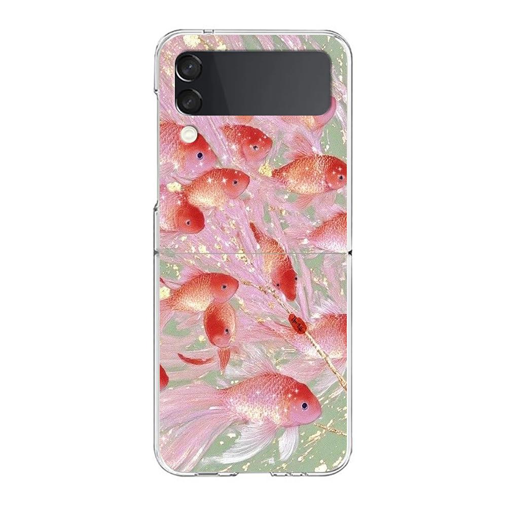 Transparent Phone Case For Samsung Galaxy Z Flip 3 4 5 6 7 Hard Folding PC Z Flip3 Flip4 Cover Flower Cute Fairy Fish Painting