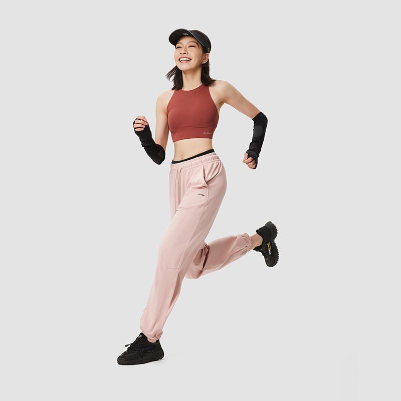 Li-Ning Solid Color Drawstring Mid Waist Casual Knit Sports Pants Women Bottoms Chinaware-Pink AKLU834-7