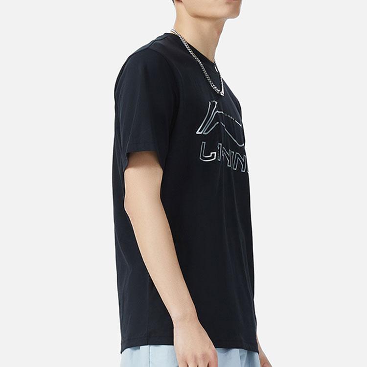 Li-Ning Sports Fashion Series Brand Logo Letter Print Round Neck Knit Short Sleeve T-Shirt Men Tops Black AHSSA51-1