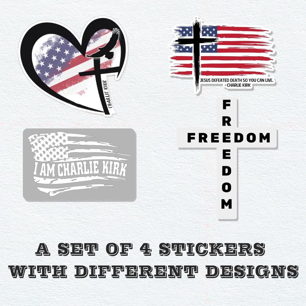 Charlie Kirk Stickers Pack 4pcs Patriotic Freedom Stickers Waterproof Uv Resistant Charlie Kirk Decal Freedom Flag Sticker Set for Laptop Car Bumper