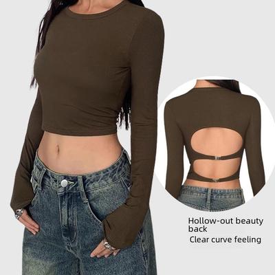 Autumn Backless Slim Fit Long Sleeve Top with Chest Pad for Women