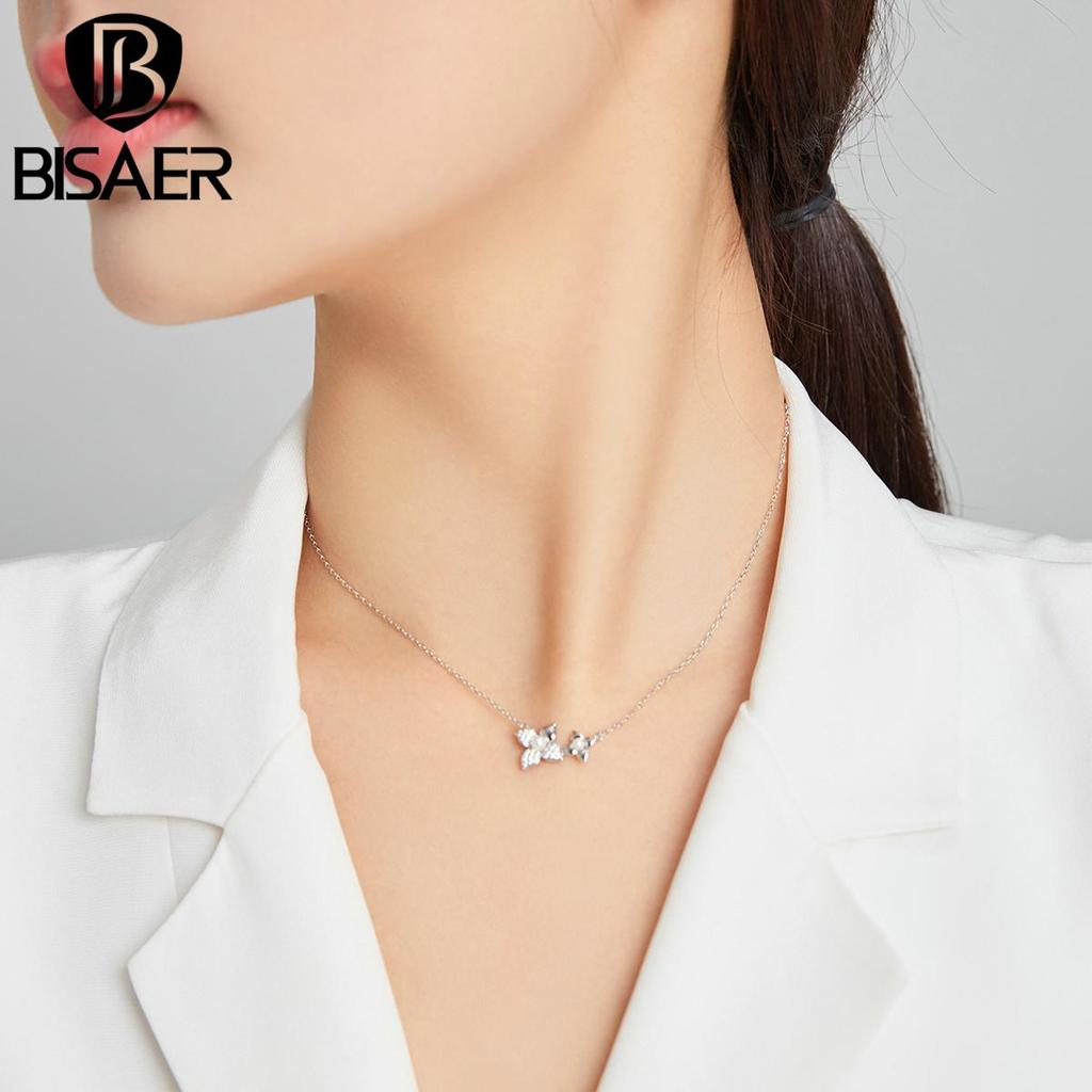 Bisaer Květinový náhrdelník 925 Sterling Silver Clear CZ Perlový náhrdelník pro ženy Svatební zásnubní jemné šperky