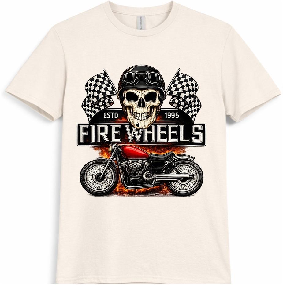 Motorcycle T Shirt Fire Wheels Skull Rider Biker Vintage Racing Graphic Tee